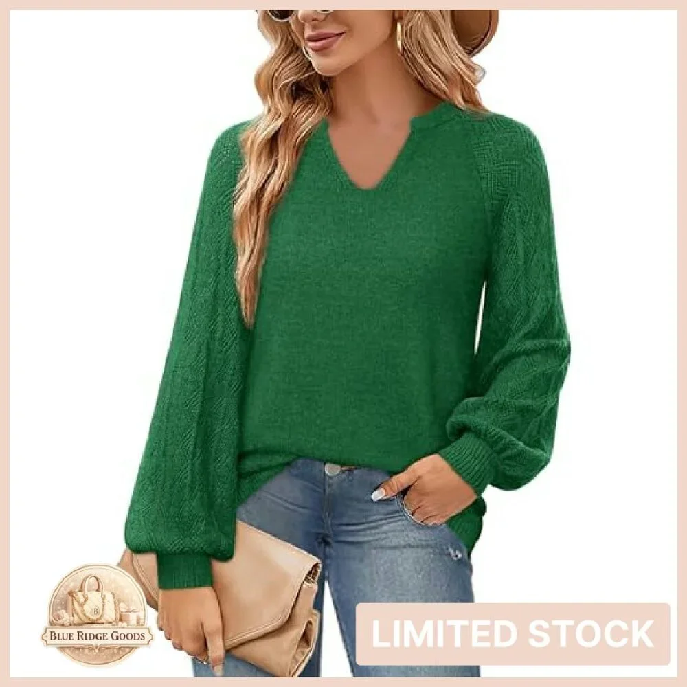 Chunky Knit V-Neck Pullover Sweater Oversized Slouchy Chic Lantern Sleeves - Picture 3 of 8